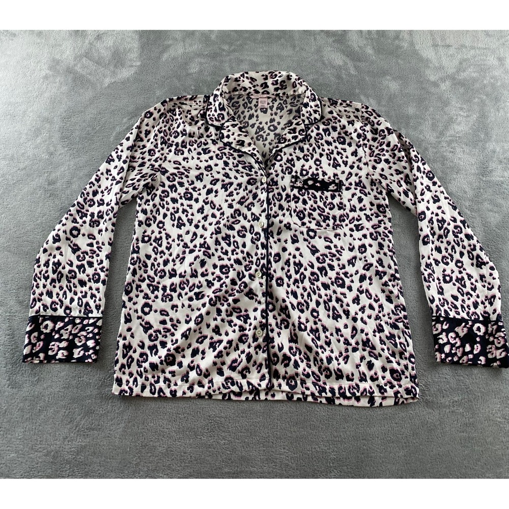 Victorias Secret Womens Pink Leopard Satin Pajama Top Small Long Slv‎ Button Up